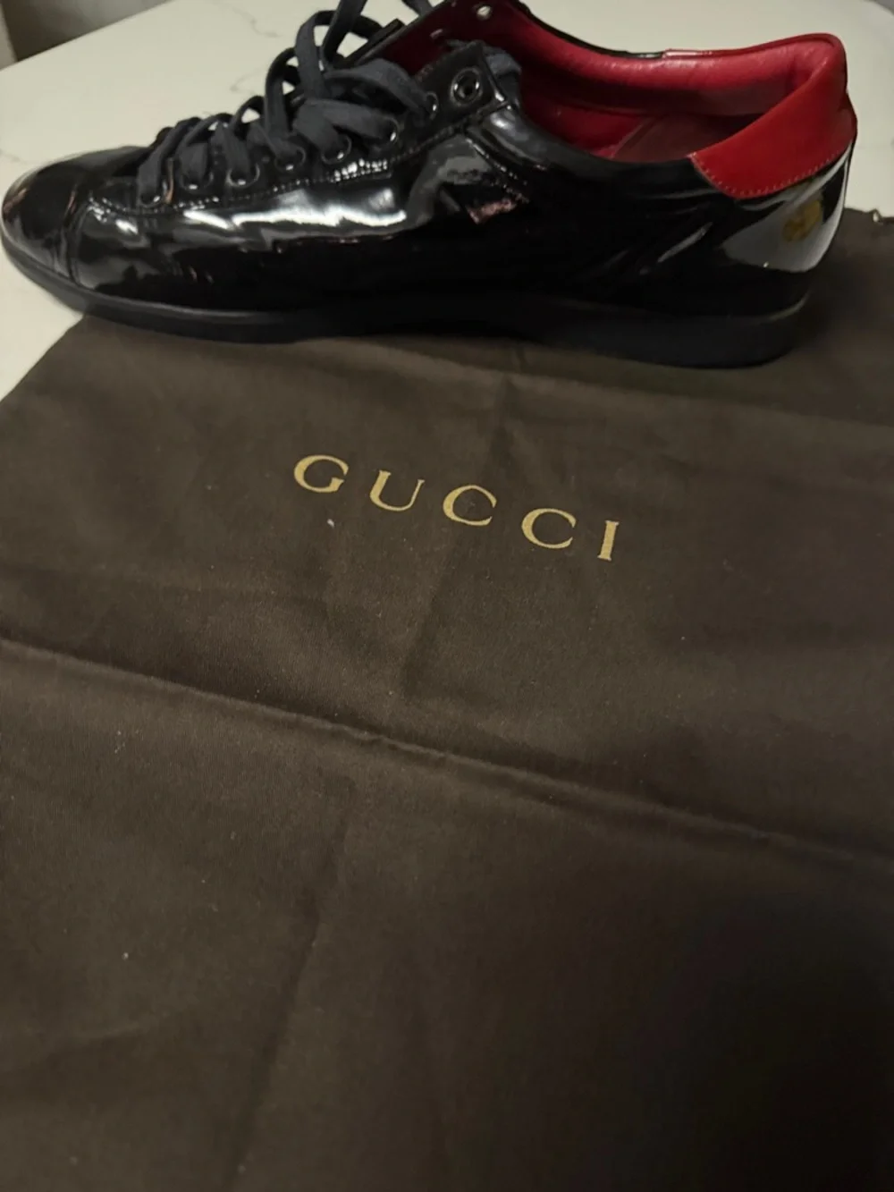 Authentic Gucci Black Patent Sneakers with Red and Green Web Stripe
